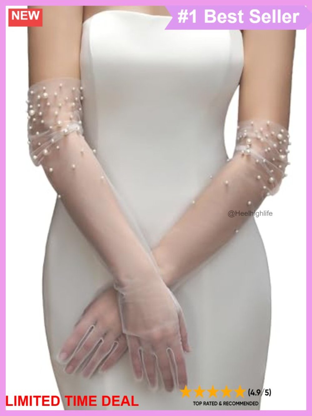 Long Pearl Tulle Wedding Gloves Sheer Bridal Fingerless 21.85 In Opera Prom